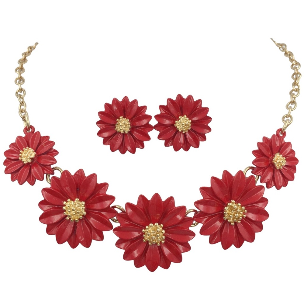 5 Red Painted Daisy Necklace Stud Earrings Set